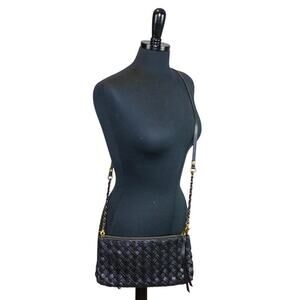 Elliott Lucca Woven Black Leather Purse Clutch Crossbody East West